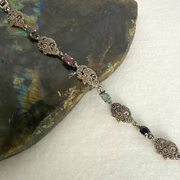 Sterling Silver 925 Multi Gemstone Marcasite Floral Link Bracelet 7.25" - Picture 4 of 16